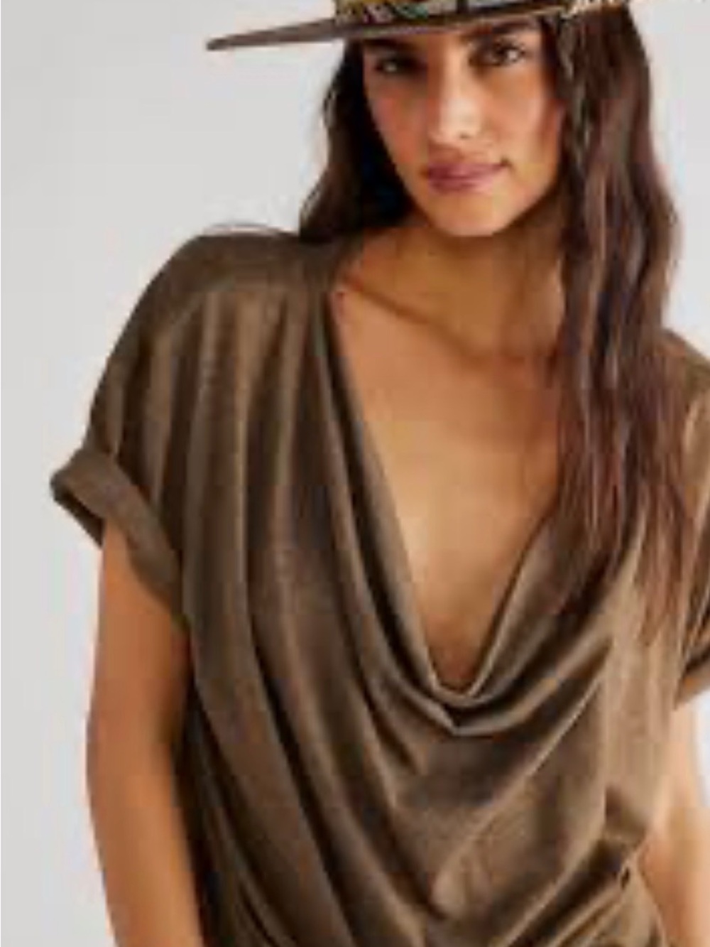 We The Free Deep Cowl Neck Short Sleeve Sweater in Olive Green
